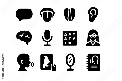 Speech Therapy Icons. Speech therapy. Solid icon set of speech therapy: speech bubble, tongue, vocal cords, ear, brain, microphone, phonetics chart, therapist,