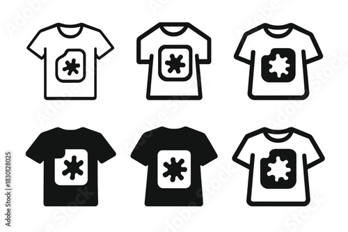 Stained Shirt Logos. Stained shirt. Icon set. Set Logo of stained shirt: abstract shirt with patch mark. harmonious logo variations of the same emblematic