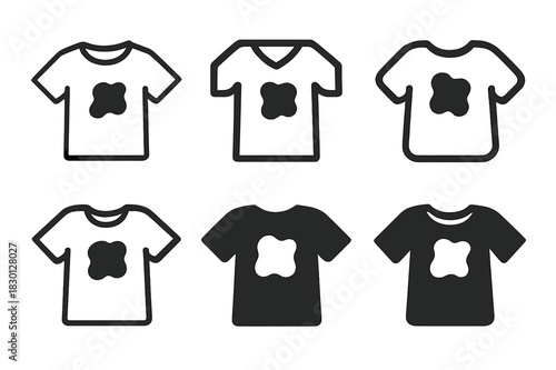 Stained Shirt Logos. Stained shirt. Icon set. Set Logo of stained shirt: abstract shirt with patch mark. harmonious logo variations of the same emblematic
