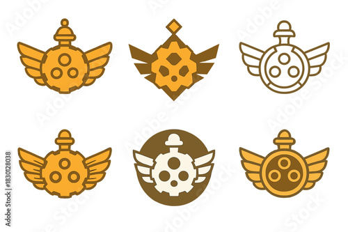 Steampunk Logo Icons. Steampunk accessories. Icon set. Set Logo of steampunk: mechanical brooch icon. harmonious logo variations of the same emblematic