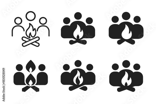 Storytelling Logos Grid. Cultural storytelling nights. Icon set. Set Logo of storytelling nights: campfire with audience silhouettes. harmonious logo