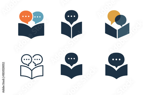 Storytelling Night Logos. Cultural storytelling nights. Icon set. Set Logo of storytelling nights: open book with speech bubbles. harmonious logo variations of