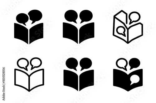 Storytelling Night Logos. Cultural storytelling nights. Icon set. Set Logo of storytelling nights: open book with speech bubbles. harmonious logo variations of