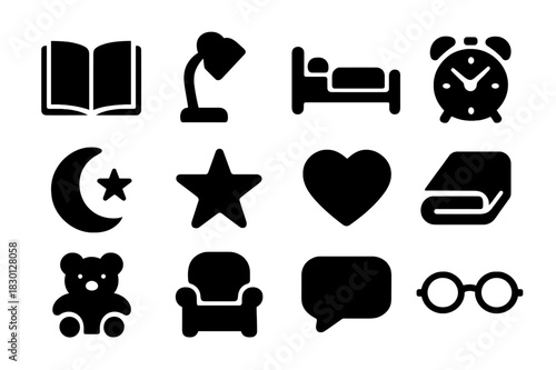 Storytime Icons Set. Storytime routine. Solid icon set of storytime routine: book, lamp, bed, clock, moon, star, heart, blanket, teddy bear, chair, speech