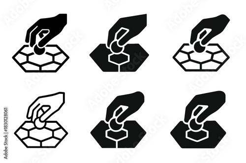 Strategy Game Icons. Engaging in a strategy game. Icon set. Set Logo of engaging in a strategy game: hands placing a token on a hexagonal board. harmonious