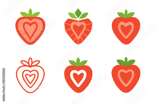 Strawberry Logo Variations. Strawberry. Icon set. Set Logo of strawberry: sliced berry cross-section. harmonious logo variations of the same emblematic