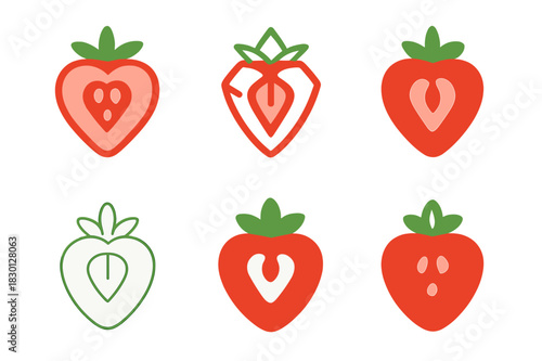 Strawberry Logo Variations. Strawberry. Icon set. Set Logo of strawberry: sliced berry cross-section. harmonious logo variations of the same emblematic