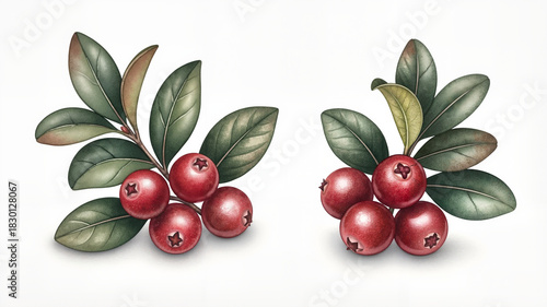 Ripe cranberries with fresh green leaves presented in a botanical illustration style on white for healthy nutrition concept and natural food