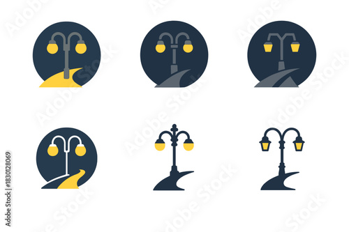 Streetlight Logo Variations. Streetlights at night. Icon set. Set Logo of streetlights: park light on path. harmonious logo variations of the same emblematic