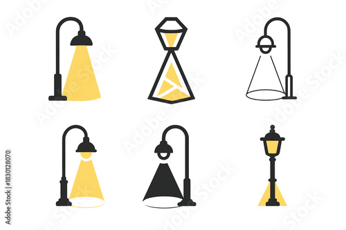 Streetlight Logo Variations. Streetlights at night. Icon set. Set Logo of streetlights: light cone effect on pavement. harmonious logo variations of the same