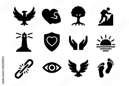 Strength and Resilience Icons. Strength and resilience. Solid icon set of Strength and resilience: rising phoenix, strong heart, rooted tree, mountain climb,