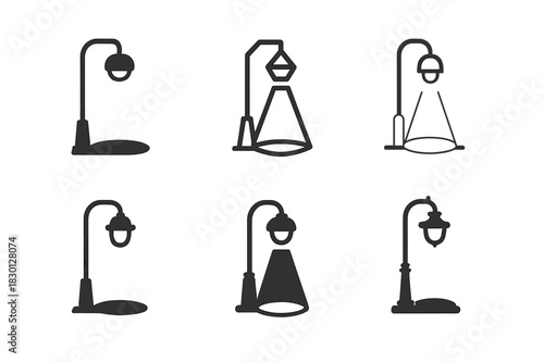 Streetlight Logo Variations. Streetlights at night. Icon set. Set Logo of streetlights: light cone effect on pavement. harmonious logo variations of the same