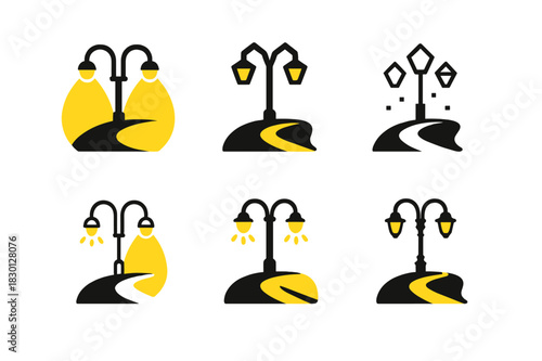 Streetlight Logo Variations. Streetlights at night. Icon set. Set Logo of streetlights: park light on path. harmonious logo variations of the same emblematic