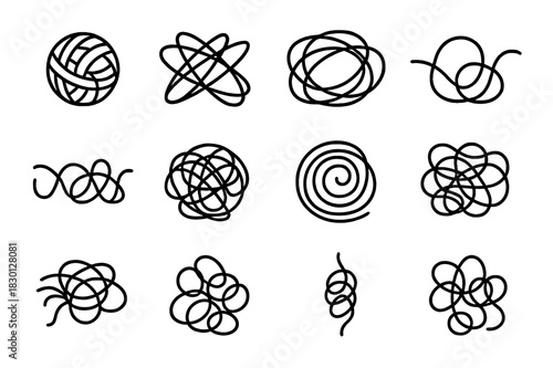 String Chaos Icons. String chaos. Line icon set of string chaos: twisted ball, overlapping threads, messy yarn, entangled cord, pulled threads, tangled web,