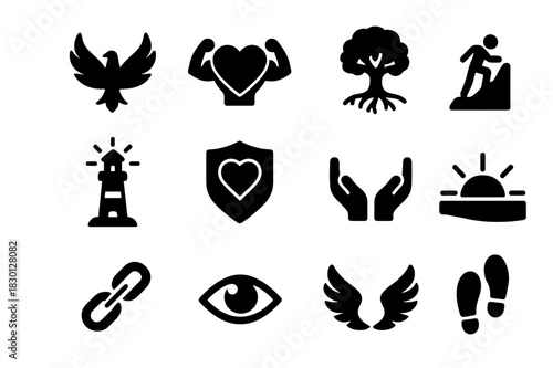 Strength and Resilience Icons. Strength and resilience. Solid icon set of Strength and resilience: rising phoenix, strong heart, rooted tree, mountain climb,