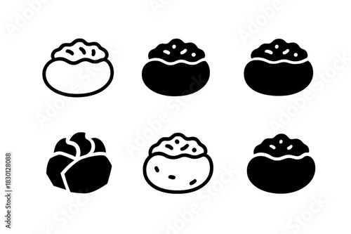 Stuffed Potato Logos. Stuffed potatoes. Icon set. Set Logo of stuffed potatoes: baked potato with filling. harmonious logo variations of the same emblematic