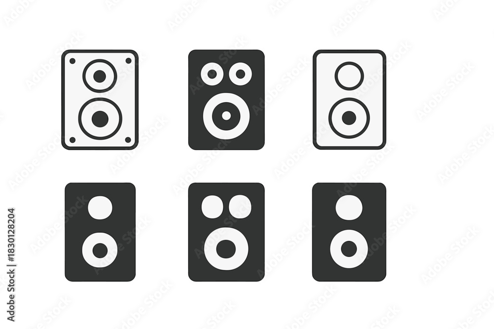 Fototapeta premium Stylized Speaker Icons. Sound system speaker. Icon set. Set Logo of sound system speaker: stereo speaker pair. harmonious logo variations of the same