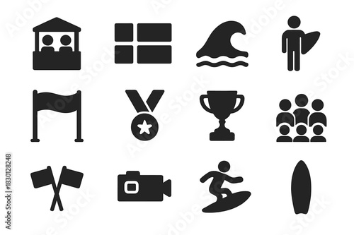 Surf Competition Icons. Surf competition. Solid icon set of Surf competition: judges stand, scoreboard, waves, competitor icon, finish line, medal, trophy,