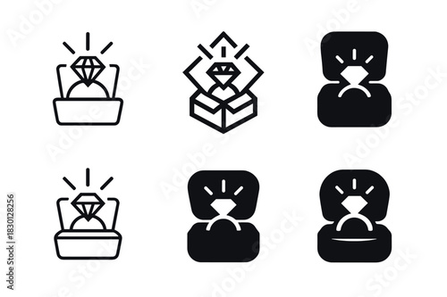 Surprise Ring Logos. Surprise ring box. Icon set. Set Logo of surprise ring box: sparkling diamond reveal. harmonious logo variations of the same emblematic