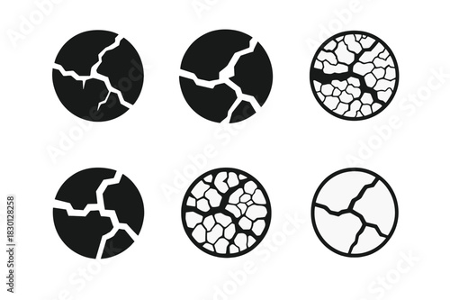 Surreal Climate Emblems. Climate change visualizations in surreal art. Icon set. Set Logo of climate change visualizations in surreal art: cracked planet