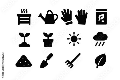 Sustainable Gardening Icons. Sustainable gardening. Solid icon set of Sustainable gardening: compost bin, watering can, garden gloves, seeds, sprout, plant