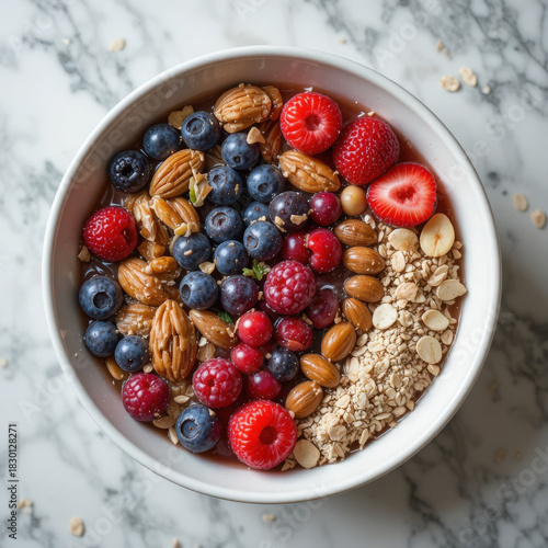 Healthy breakfast bowl with berries and granola nuts