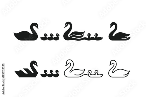 Swan Logo Variations. Swans. Icon set. Set Logo of swans: mother swan with cygnets following in line. harmonious logo variations of the same emblematic