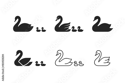 Swan Logo Variations. Swans. Icon set. Set Logo of swans: mother swan with cygnets following in line. harmonious logo variations of the same emblematic