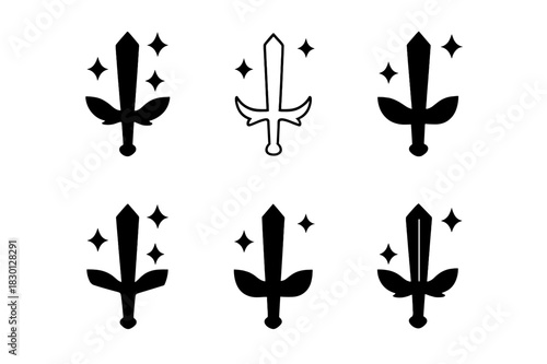 Sword Icon Variations. Sword props. Icon set. Set Logo of Sword props: Magical sword. harmonious logo variations of the same emblematic concept (Filled