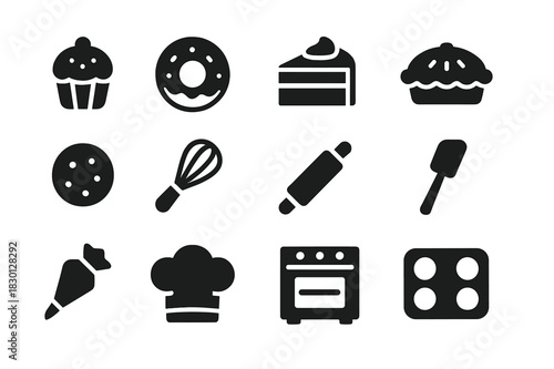 Sweet Bakery Icons. Sweet Bakery. Solid icon set of Sweet Bakery: cupcake, donut, slice of cake, pie, cookie, whisk, rolling pin, spatula, piping bag, chef