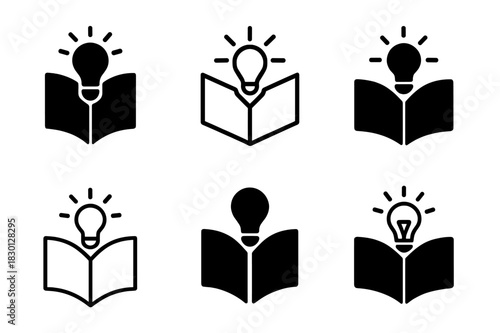 Teaching Moment Icons. Teaching moment. Icon set. Set Logo of teaching moment: Open book with lightbulb. harmonious logo variations of the same emblematic