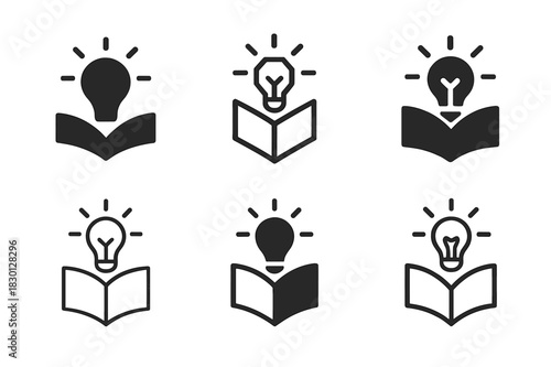 Teaching Moment Icons. Teaching moment. Icon set. Set Logo of teaching moment: Open book with lightbulb. harmonious logo variations of the same emblematic