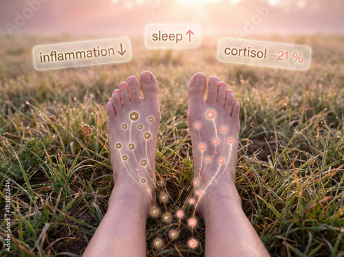 Bare feet on morning grass with energetic particles and infographic about grounding benefits for inflammation, sleep and cortisol reduction