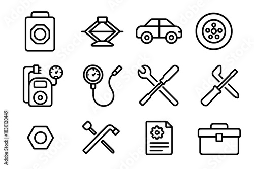 Tire Repair Tool Icons. Tire Repair Tools Set. Line icon set of Tire Repair Tools Set: patch kit, jack, flat tire, spare tire, tire inflator, air gauge,