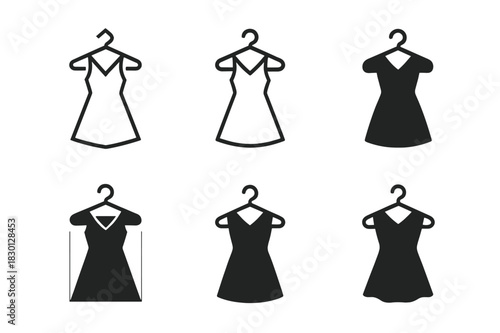 Timeless Fashion Icons. Timeless fashion and slow fashion principles. Icon set. Set Logo of timeless fashion: hanger with classic garment. harmonious logo
