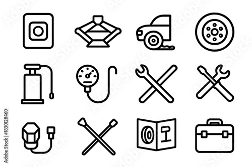 Tire Repair Tool Icons. Tire Repair Tools Set. Line icon set of Tire Repair Tools Set: patch kit, jack, flat tire, spare tire, tire inflator, air gauge,
