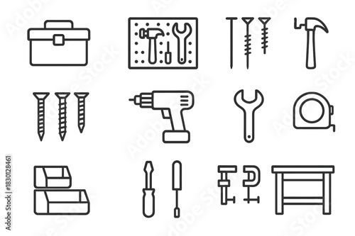 Tool Organization Icons. Tool Organization. Line icon set of Tool Organization: toolbox, pegboard, nails, screws, drill, hammer, wrench, screwdriver, bins,