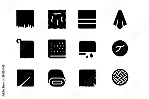 Towel Texture Icons. Towel textures. Solid icon set of Towel textures: frayed towel, wrinkled fabric, fold lines, hanging towel, loop, pile, damp icon, thread