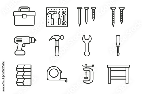 Tool Organization Icons. Tool Organization. Line icon set of Tool Organization: toolbox, pegboard, nails, screws, drill, hammer, wrench, screwdriver, bins,