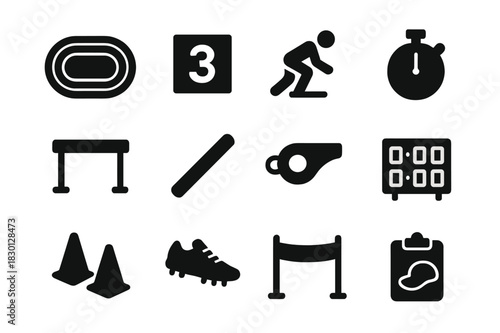 Track & Field Icons. Track and Field. Solid icon set of Track and Field: running track, lane number, sprint start, stopwatch, hurdles, baton,
