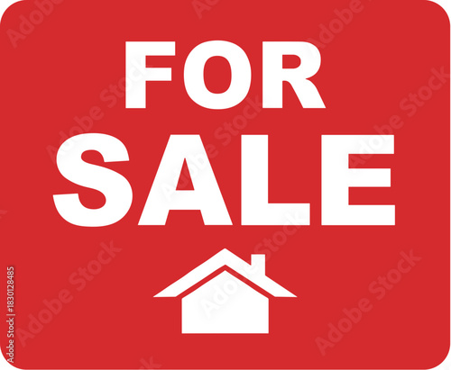 Red for sale sign with a white house icon for real estate.