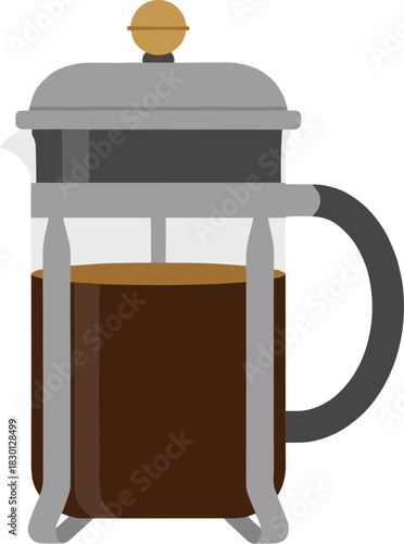 Vector illustration of a French press coffee maker filled with hot coffee.