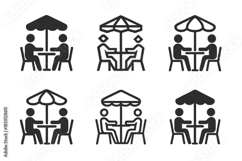 Urban Meetup Icon Set. Casual meetups and socializing in urban settings. Icon set. Set Logo of casual meetups and socializing in urban settings: street cafe.