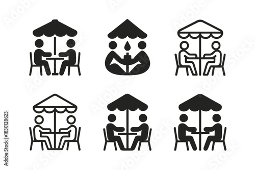 Urban Meetup Icon Set. Casual meetups and socializing in urban settings. Icon set. Set Logo of casual meetups and socializing in urban settings: street cafe.