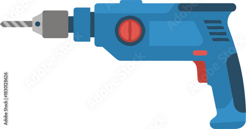 Blue electric power drill tool with bit isolated on a white background.