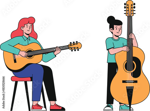 Woman playing guitar and man holding bass isolated on white background