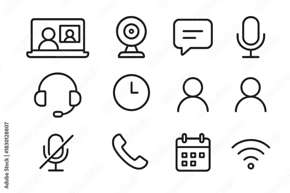Fototapeta premium Video Meeting Icons. Video Meetings. Line icon set of Video Meetings: laptop screen, webcam, chat bubble, microphone, headset, clock, people icons, mute