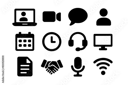 Video Call Icons. Meeting with a Client via Video Call. Solid icon set of Meeting with a Client via Video Call: laptop, video camera, speech bubble, person