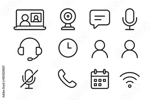 Video Meeting Icons. Video Meetings. Line icon set of Video Meetings: laptop screen, webcam, chat bubble, microphone, headset, clock, people icons, mute