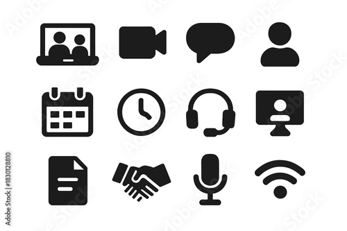 Video Call Icons. Meeting with a Client via Video Call. Solid icon set of Meeting with a Client via Video Call: laptop, video camera, speech bubble, person